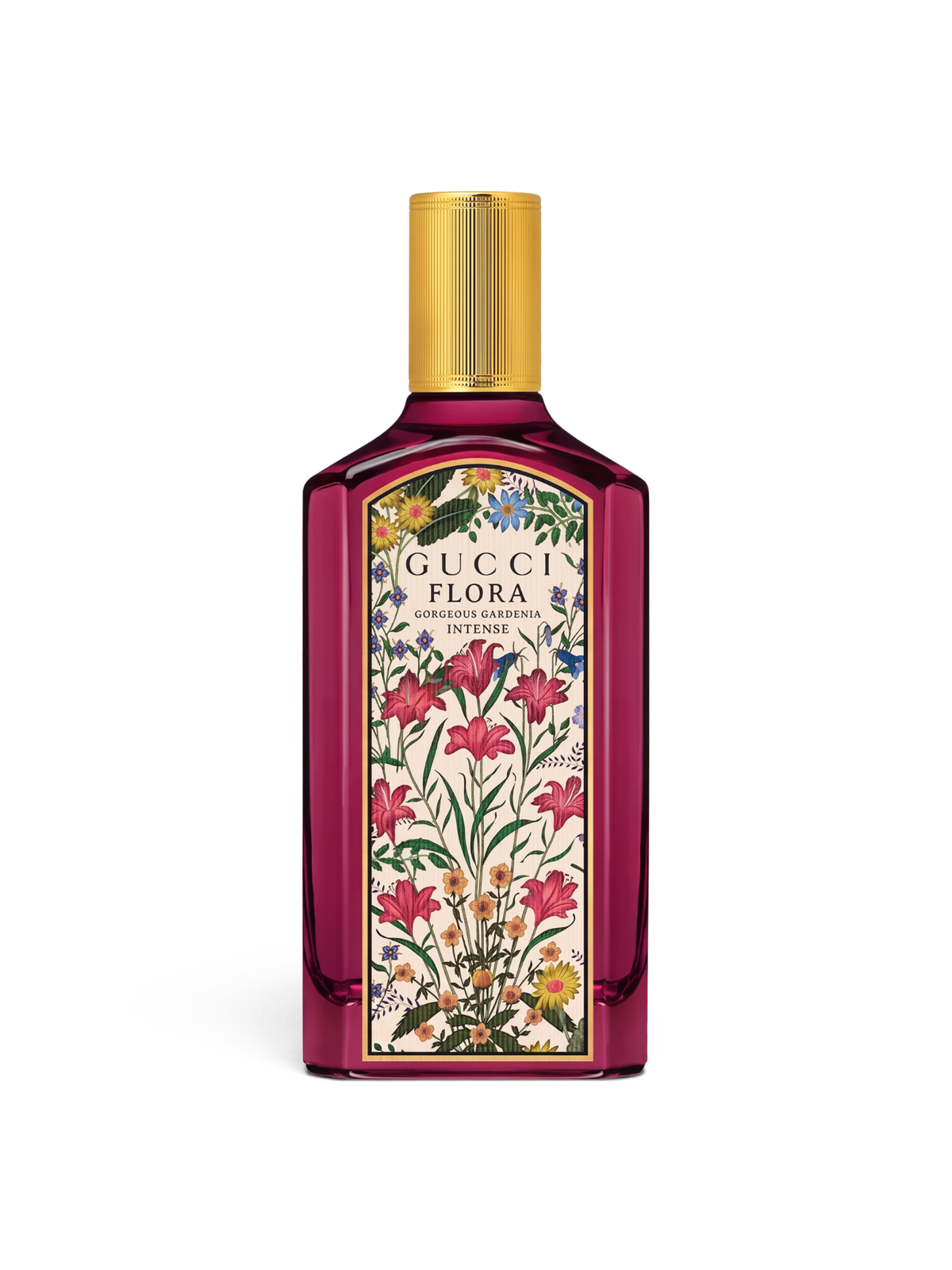 euaden Gucci Flora Gorgeous Gardenia Intense kadın parfümü, mor cam şişe ve ikonik çiçek desenli etiket tasarımı