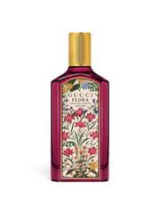euaden Gucci Flora Gorgeous Gardenia Intense kadın parfümü, mor cam şişe ve ikonik çiçek desenli etiket tasarımı