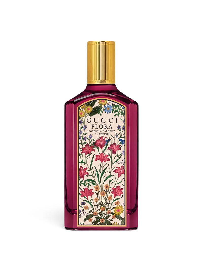 euaden Gucci Flora Gorgeous Gardenia Intense kadın parfümü, mor cam şişe ve ikonik çiçek desenli etiket tasarımı