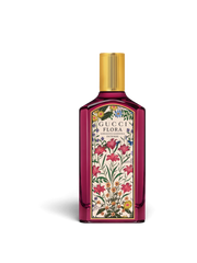euaden Gucci Flora Gorgeous Gardenia Intense kadın parfümü, mor cam şişe ve ikonik çiçek desenli etiket tasarımı
