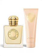 euaden Burberry Goddess hediye seti, 50ml parfüm şişesi ve 75ml vücut losyonu tüpü ile zarif altın detaylı tasarım.