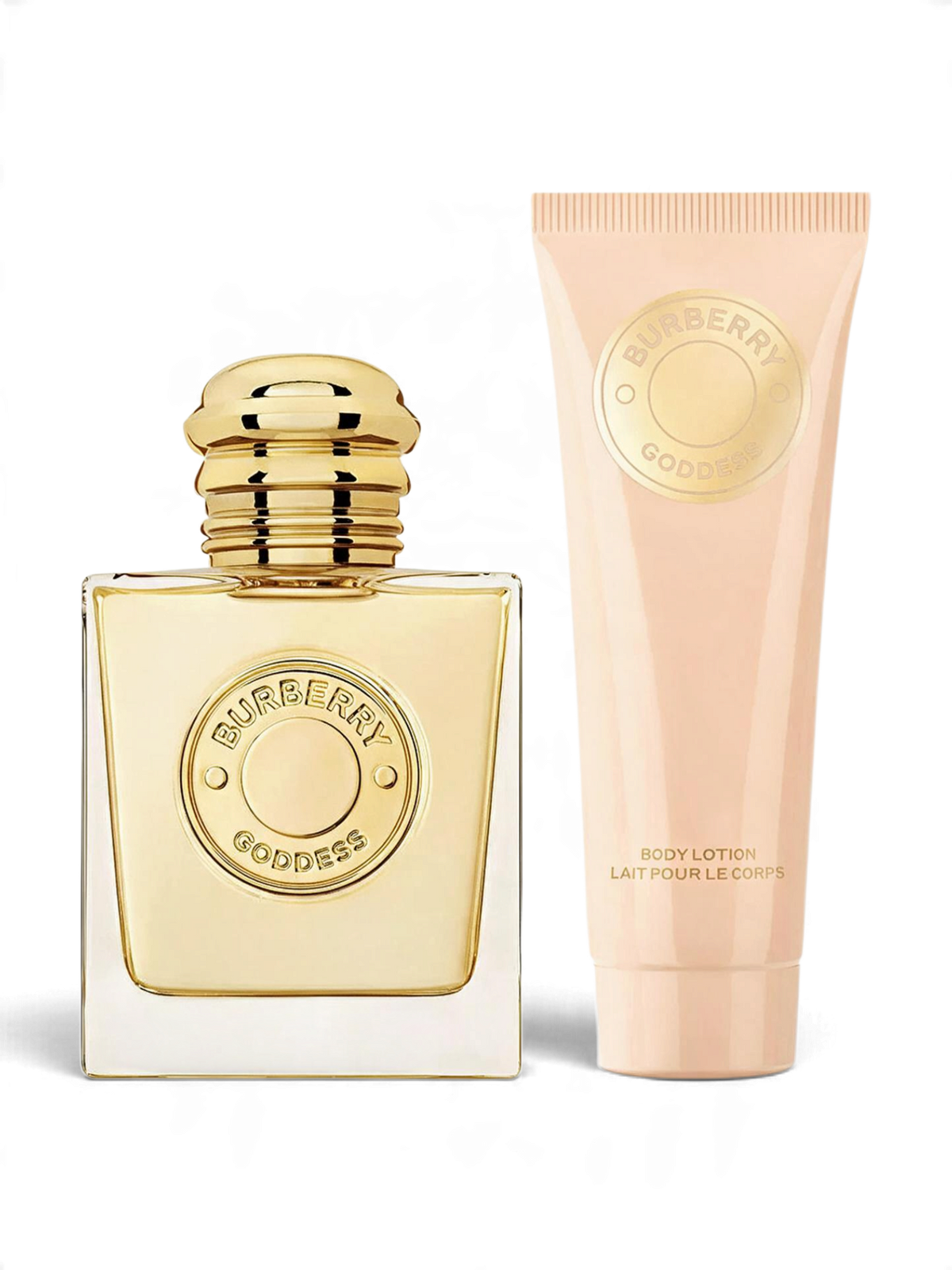 euaden Burberry Goddess hediye seti, 50ml parfüm şişesi ve 75ml vücut losyonu tüpü ile zarif altın detaylı tasarım.