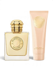 euaden Burberry Goddess hediye seti, 50ml parfüm şişesi ve 75ml vücut losyonu tüpü ile zarif altın detaylı tasarım.