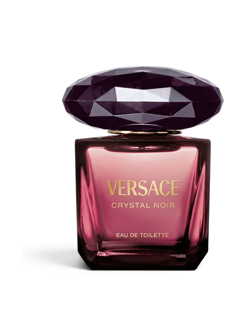 Euaden Versace Crystal Noir kadın parfümü, elmas kesim koyu mor kapaklı şık cam şişe tasarımı