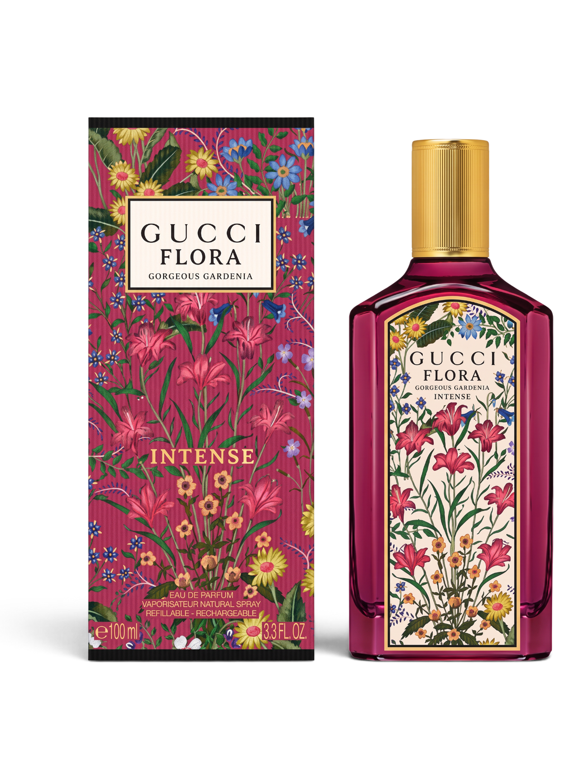 euaden Gucci Flora Gorgeous Gardenia Intense EDP 100 ml parfüm, çiçek desenli şişe ve kutu tasarımı ile