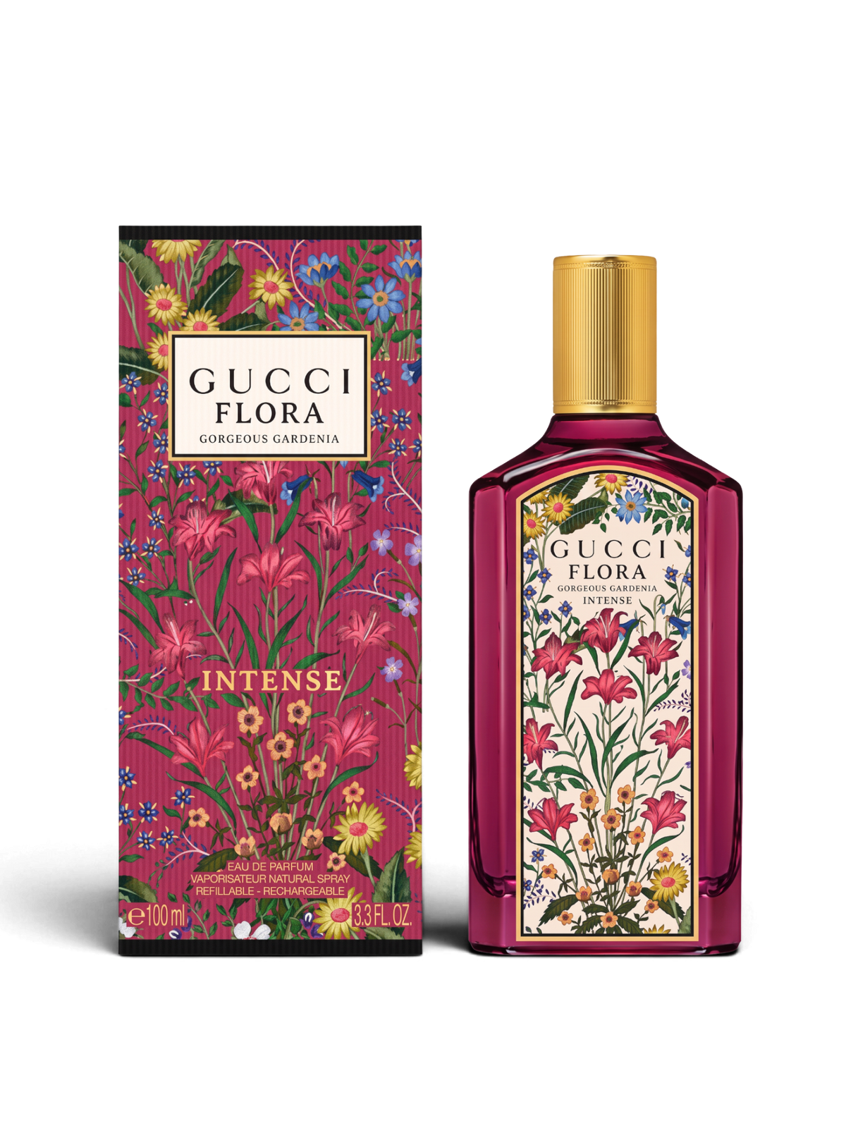 euaden Gucci Flora Gorgeous Gardenia Intense EDP 100 ml parfüm, çiçek desenli şişe ve kutu tasarımı ile