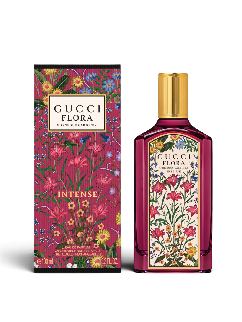 euaden Gucci Flora Gorgeous Gardenia Intense EDP 100 ml parfüm, çiçek desenli şişe ve kutu tasarımı ile
