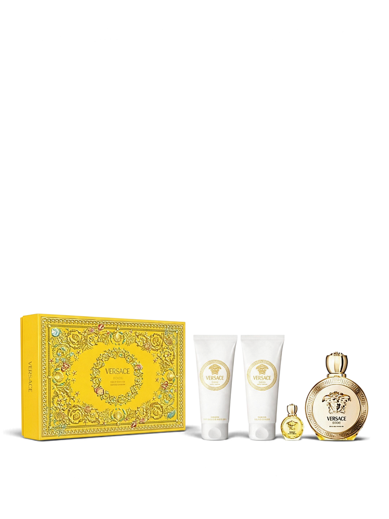 euaden Versace Eros Pour Femme hediye seti, altın detaylı kutu, parfüm, duş jeli ve vücut losyonu içerir.