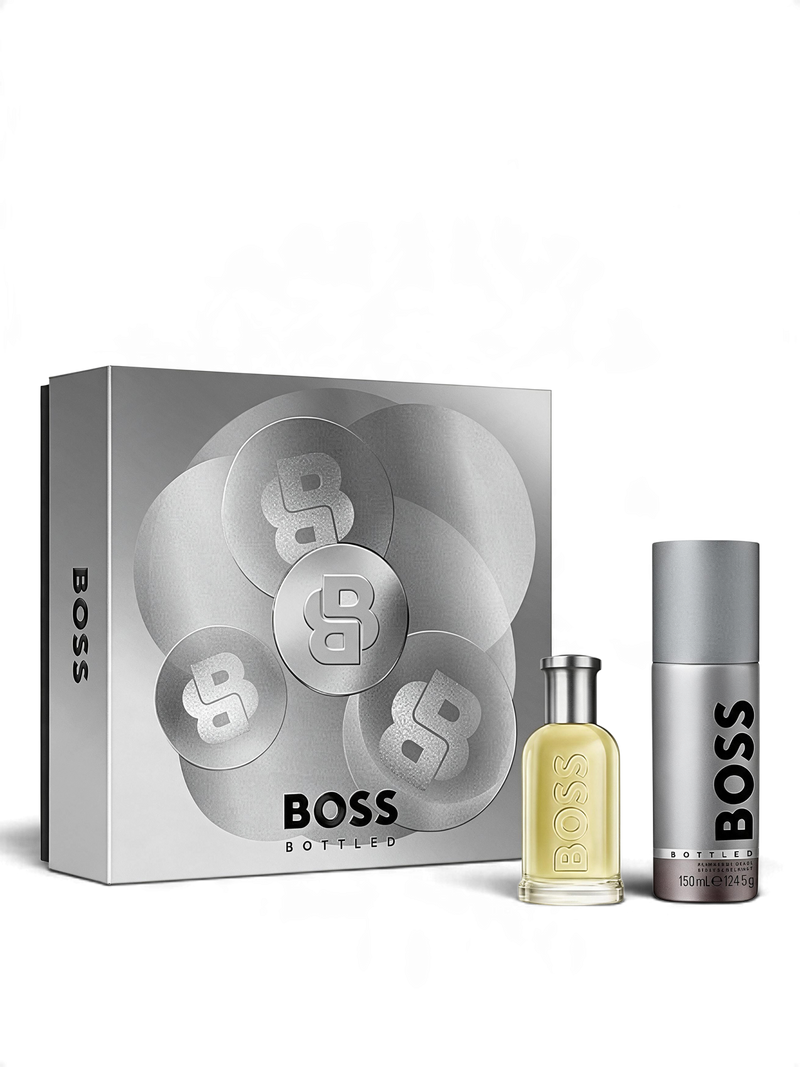 euaden Hugo Boss Bottled erkek bakım ve hediye seti, 50ml parfüm ve deodorant sprey içeren şık gümüş kutulu set