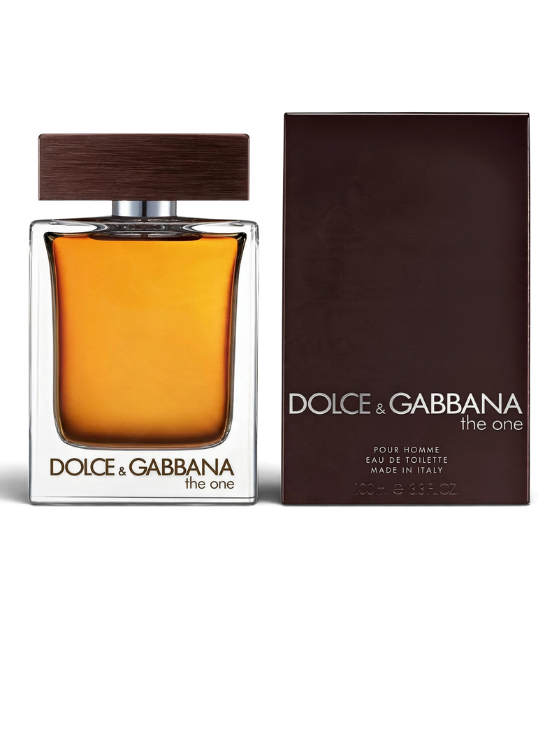euaden Dolce & Gabbana The One erkek parfümü, kehribar renkli cam şişesi ve koyu kahverengi kutusu ile şık tasarım