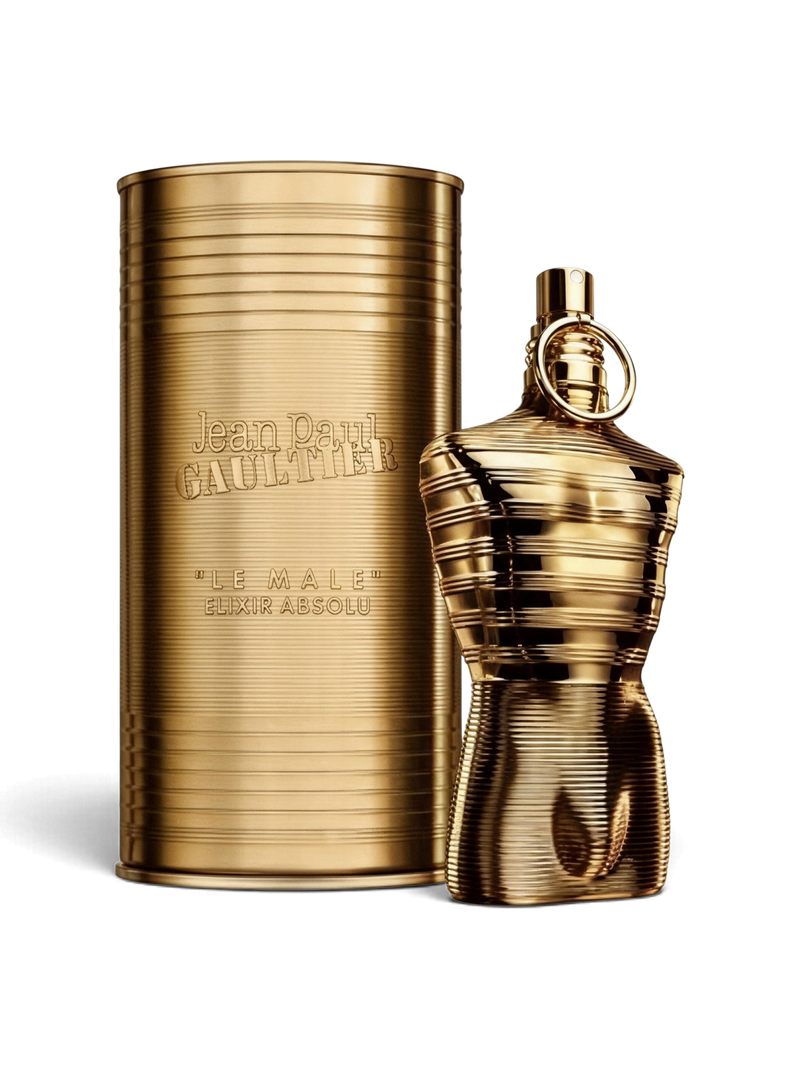 euaden Jean Paul Gaultier Le Male Elixir erkek parfümü, ikonik altın rengi gövde şişesi ve uyumlu metal kutusu