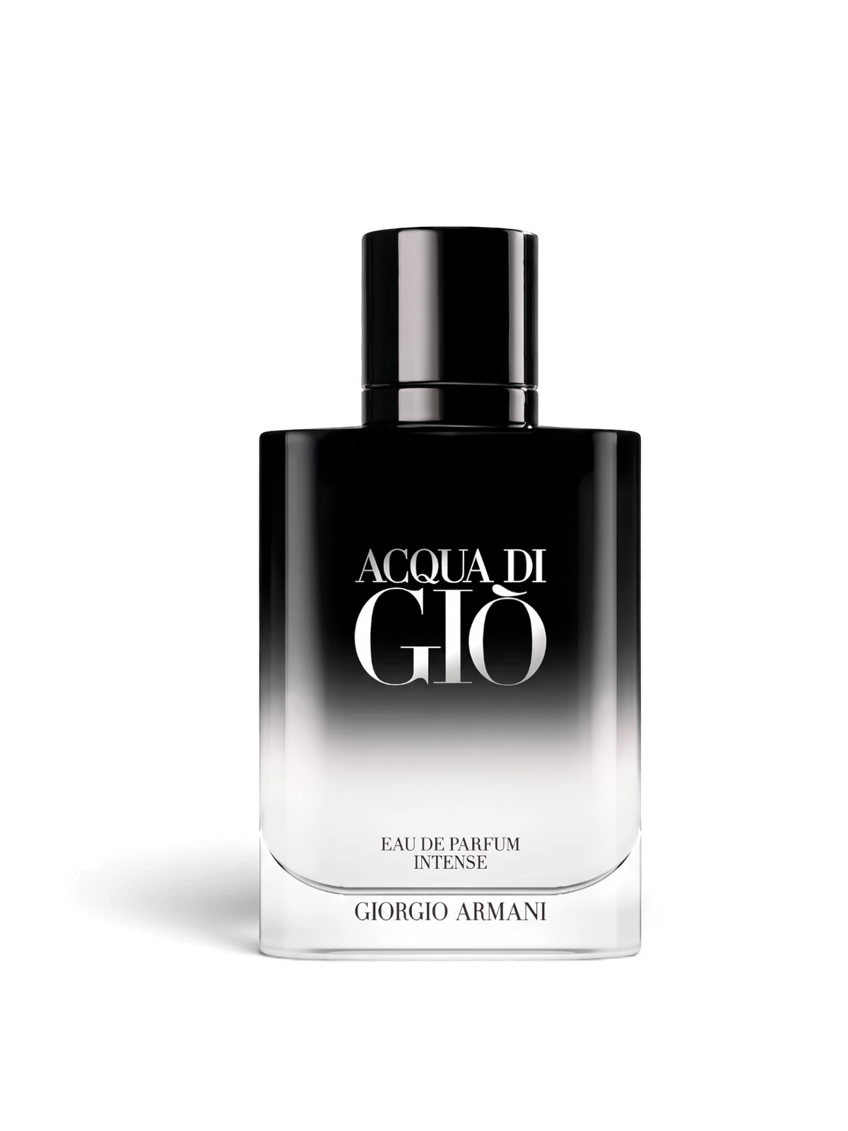 euaden Giorgio Armani Acqua Di Gio Homme EDP Intense erkek parfümü, siyah ve şeffaf geçişli şık cam şişe tasarımı.