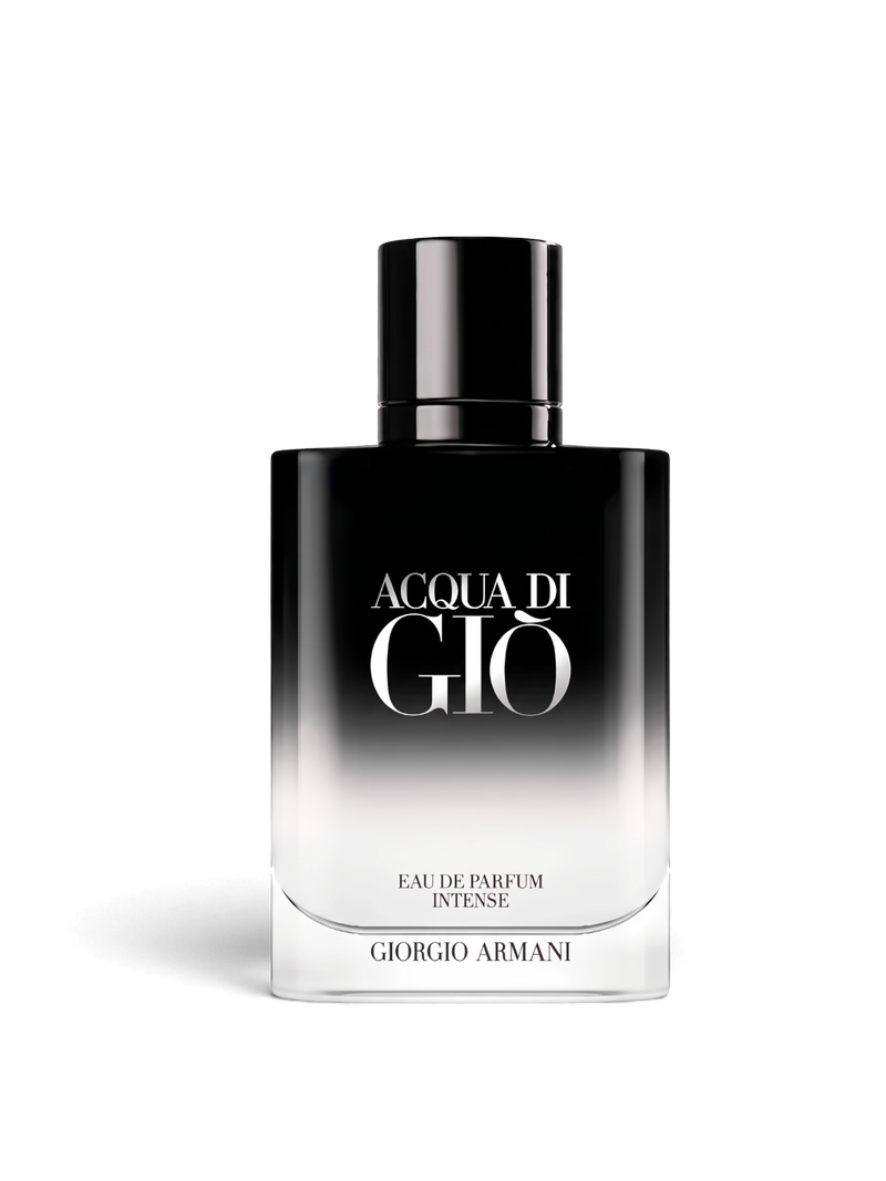 euaden Giorgio Armani Acqua Di Gio Homme EDP Intense erkek parfümü, siyah ve şeffaf geçişli şık cam şişe tasarımı.