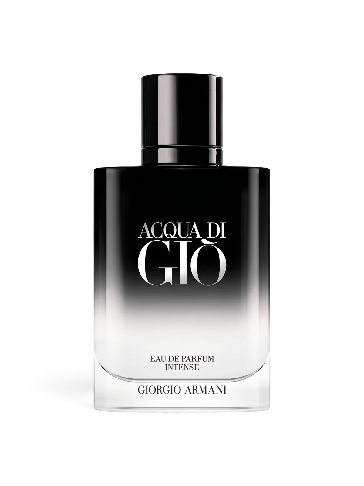 euaden Giorgio Armani Acqua Di Gio Homme EDP Intense erkek parfümü, siyah ve şeffaf geçişli şık cam şişe tasarımı.
