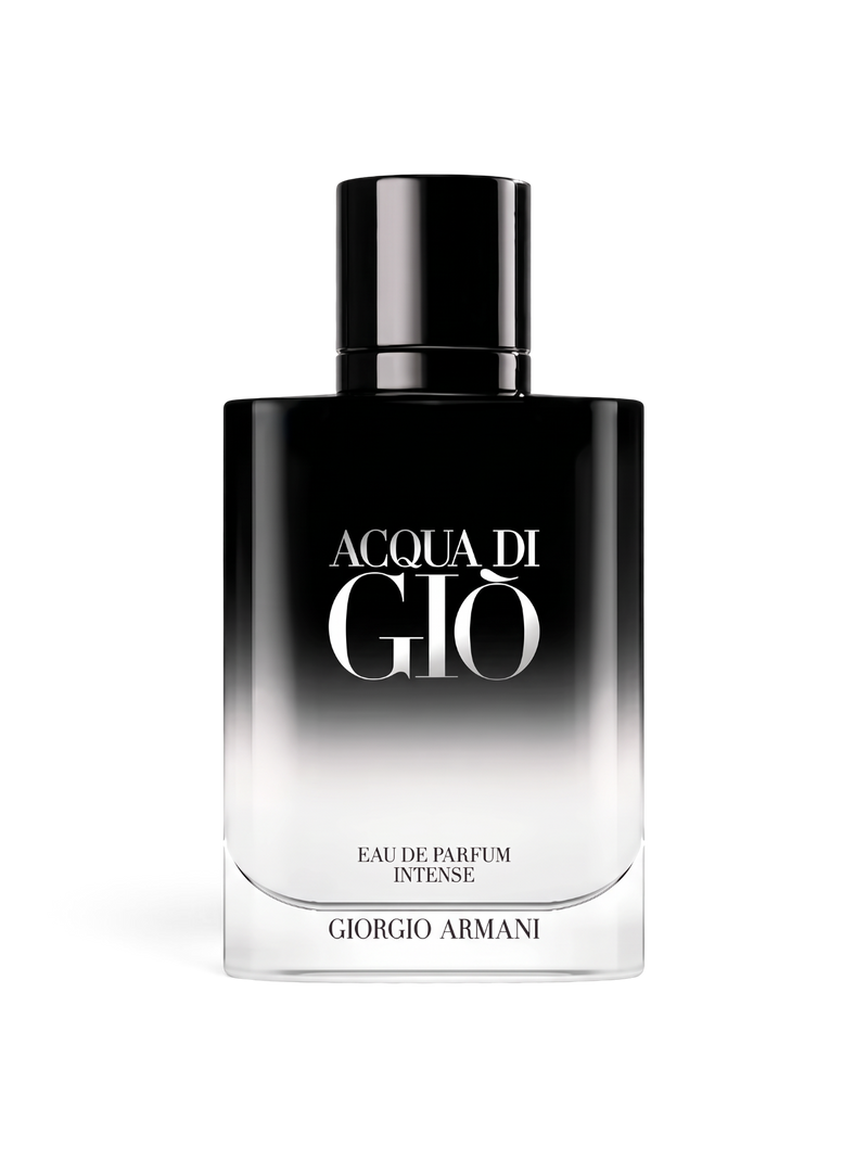 euaden Giorgio Armani Acqua Di Gio Homme EDP Intense erkek parfümü, siyah ve şeffaf geçişli şık cam şişe tasarımı.
