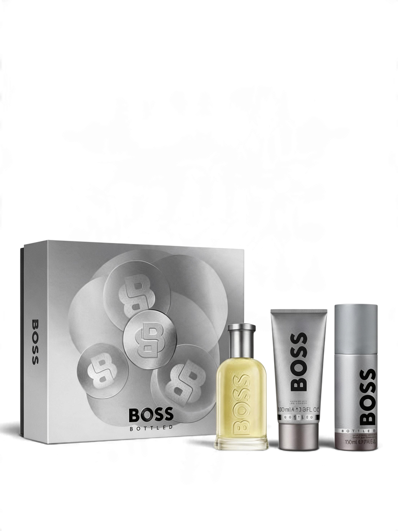 euaden Hugo Boss Bottled erkek bakım ve hediye seti; 100ml parfüm, duş jeli ve deodorant sprey içeren şık kutu tasarımı