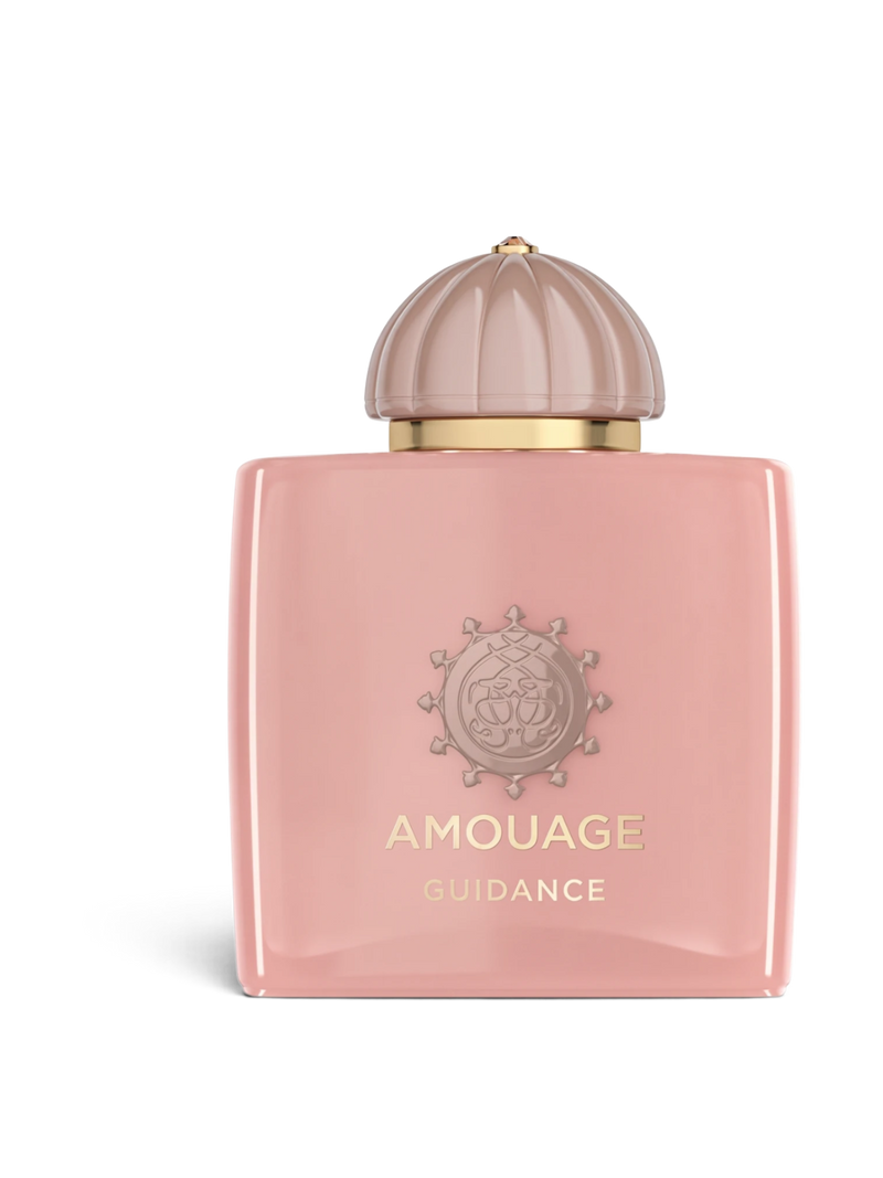 Euaden Amouage Guidance unisex parfüm, zarif pembe cam şişesi ve kubbe formundaki kapağı ile lüks bir tasarım sunuyor.