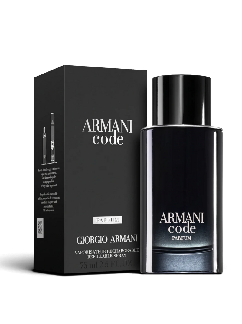 euaden Giorgio Armani Armani Code erkek parfüm şişesi ve siyah kutusu, modern ve maskülen odunsu koku tasarımı