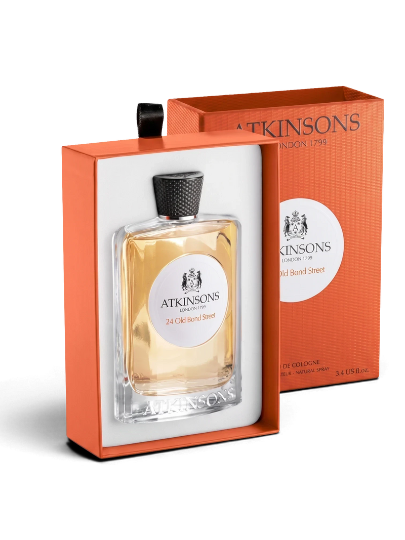 euaden Atkinsons 24 Old Bond Street 100 ml unisex parfüm, turuncu kutusunda şık cam şişe tasarımıyla