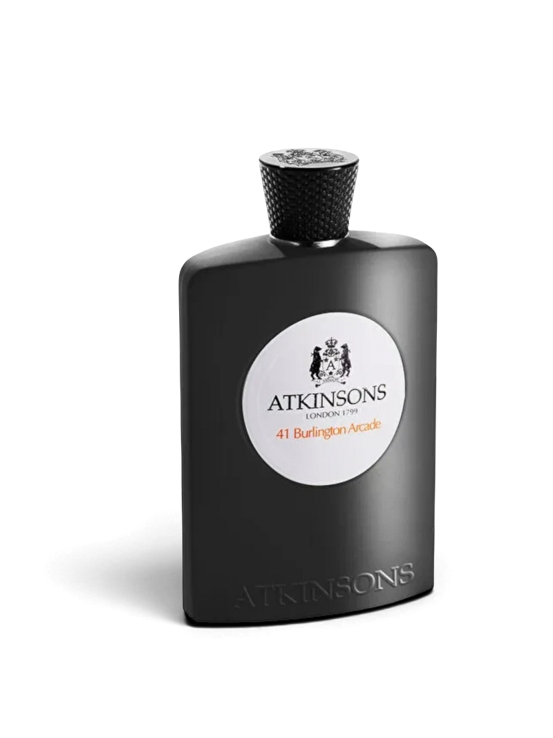 euaden Atkinsons 41 Burlington Arcade unisex parfüm, siyah mat şişesi ve ikonik beyaz dairesel etiketiyle