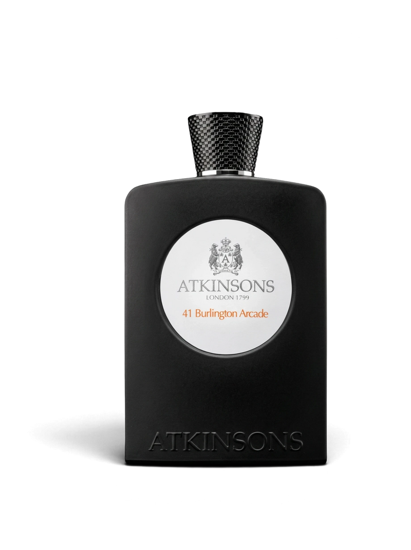 euaden Atkinsons 41 Burlington Arcade unisex parfüm, siyah mat şişe tasarımı ve beyaz dairesel etiket detayı