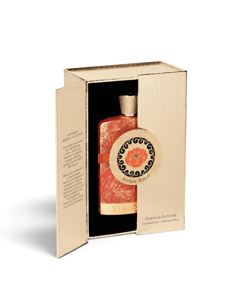 euaden Atkinsons Ambre Royal unisex parfüm, altın renkli özel kutusunda şık cam şişe tasarımıyla sunuluyor.