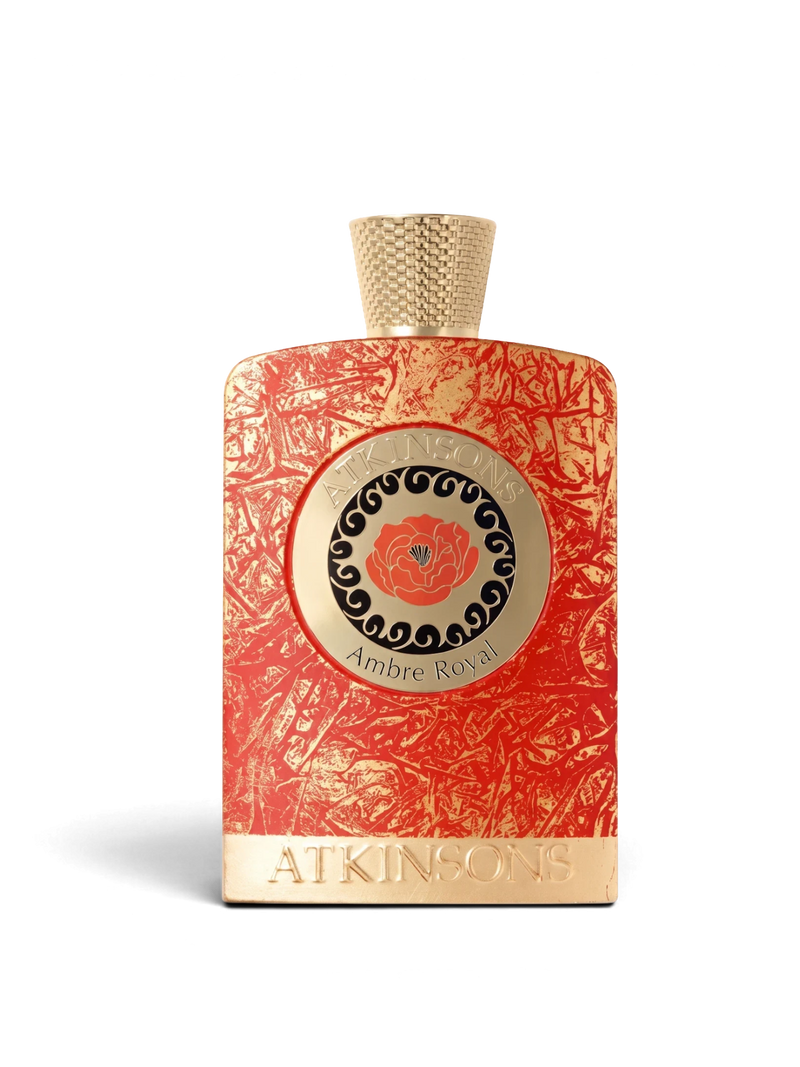 euaden Atkinsons Ambre Royal unisex parfüm, altın detaylı kırmızı dokulu şişe tasarımı ve zarif kapak detayı