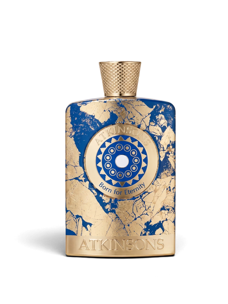 euaden Atkinsons Born For Eternity unisex parfüm, altın varak detaylı lacivert cam şişe ve dokulu altın kapak tasarımı