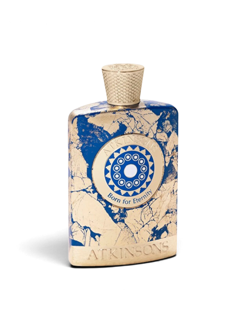 euaden Atkinsons Born For Eternity unisex parfüm, altın ve lacivert mermer desenli lüks cam şişe tasarımı.
