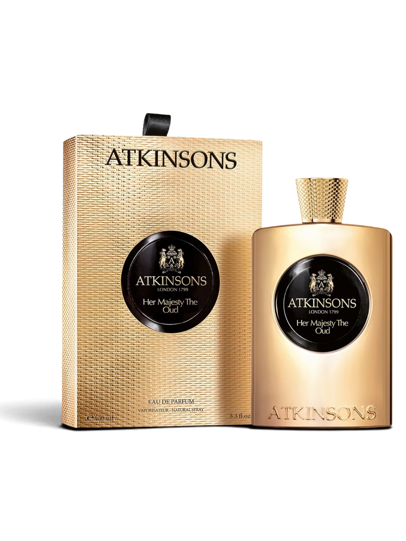 euaden Atkinsons Her Majesty The Oud kadın parfümü, altın rengi şişesi ve lüks kutusuyla oryantal çiçeksi koku