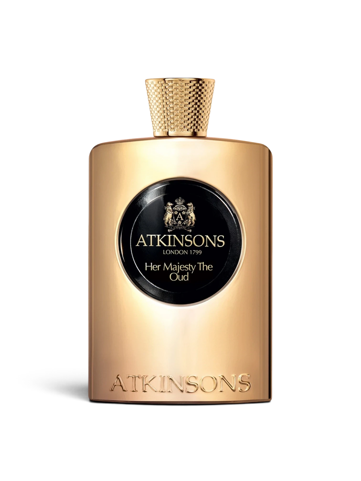 euaden Atkinsons Her Majesty The Oud kadın parfümü, altın renkli lüks şişe tasarımı ve siyah dairesel etiketi ile.