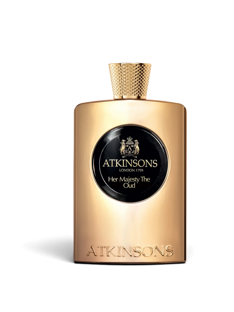 euaden Atkinsons Her Majesty The Oud kadın parfümü, altın renkli lüks şişe tasarımı ve siyah dairesel etiketi ile.