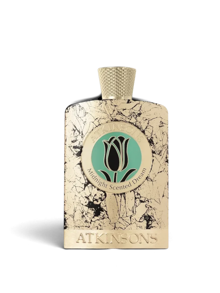 euaden Atkinsons Midnight Scented Dream unisex parfüm şişesi, altın rengi mermer desenli ve zarif çiçek logolu tasarım
