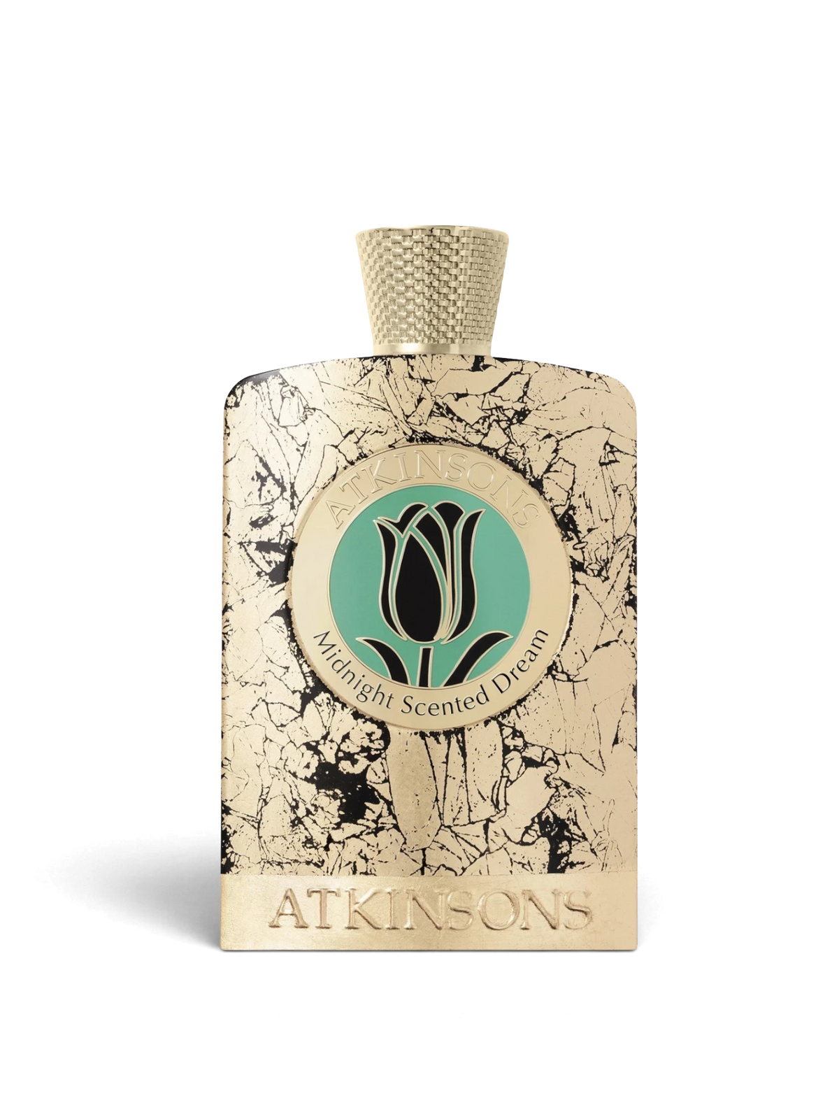 euaden Atkinsons Midnight Scented Dream unisex parfüm, altın rengi mermer desenli şişesi ve zarif lale logolu etiketiyle