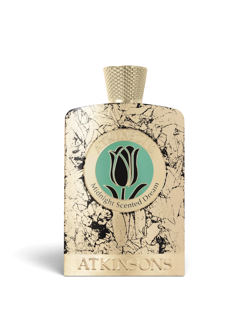 euaden Atkinsons Midnight Scented Dream unisex parfüm, altın rengi mermer desenli şişesi ve zarif lale logolu etiketiyle