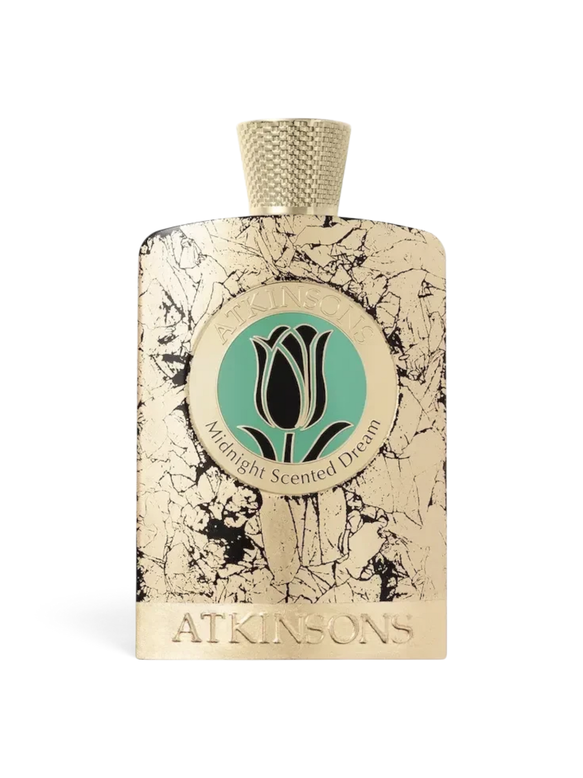 euaden Atkinsons Midnight Scented Dream unisex parfüm şişesi, altın rengi mermer desenli ve zarif çiçek logolu tasarım