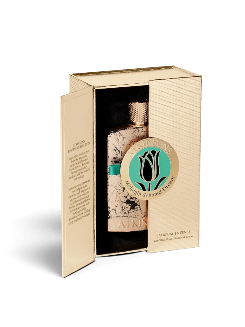 euaden Atkinsons Midnight Scented Dream unisex parfüm, altın detaylı lüks kutusunda sunulan şık cam şişe tasarımı