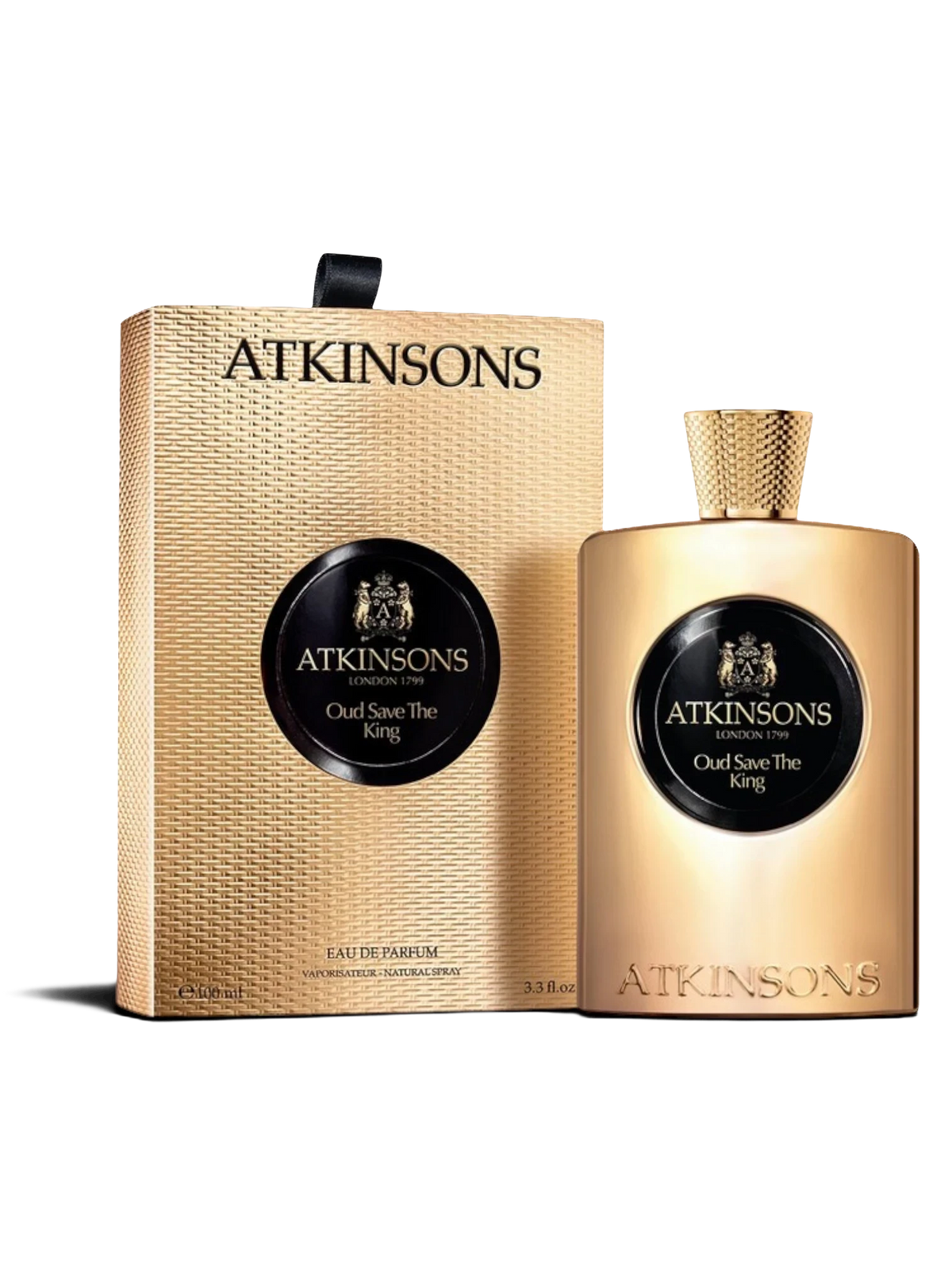 euaden Atkinsons Oud Save The King erkek parfümü, altın renkli şişesi ve özel dokulu lüks kutusu ile 100 ml EDP
