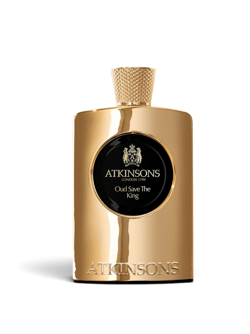 euaden Atkinsons Oud Save The King erkek parfümü, altın rengi lüks şişe tasarımı ve siyah detaylı zarif ambalajı.