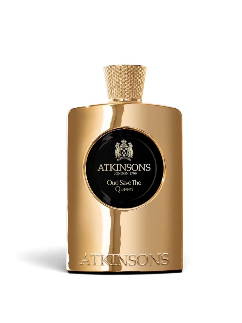 euaden Atkinsons Oud Save The Queen kadın parfümü, altın rengi lüks şişe tasarımı ve siyah dairesel detaylı ambalajı