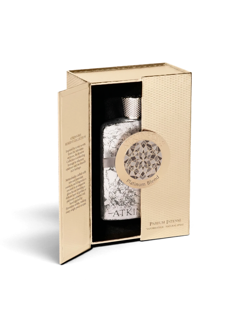 euaden Atkinsons Platinum Blend 100 ml lüks parfüm, altın rengi özel kutusunda mermer desenli cam şişe tasarımı