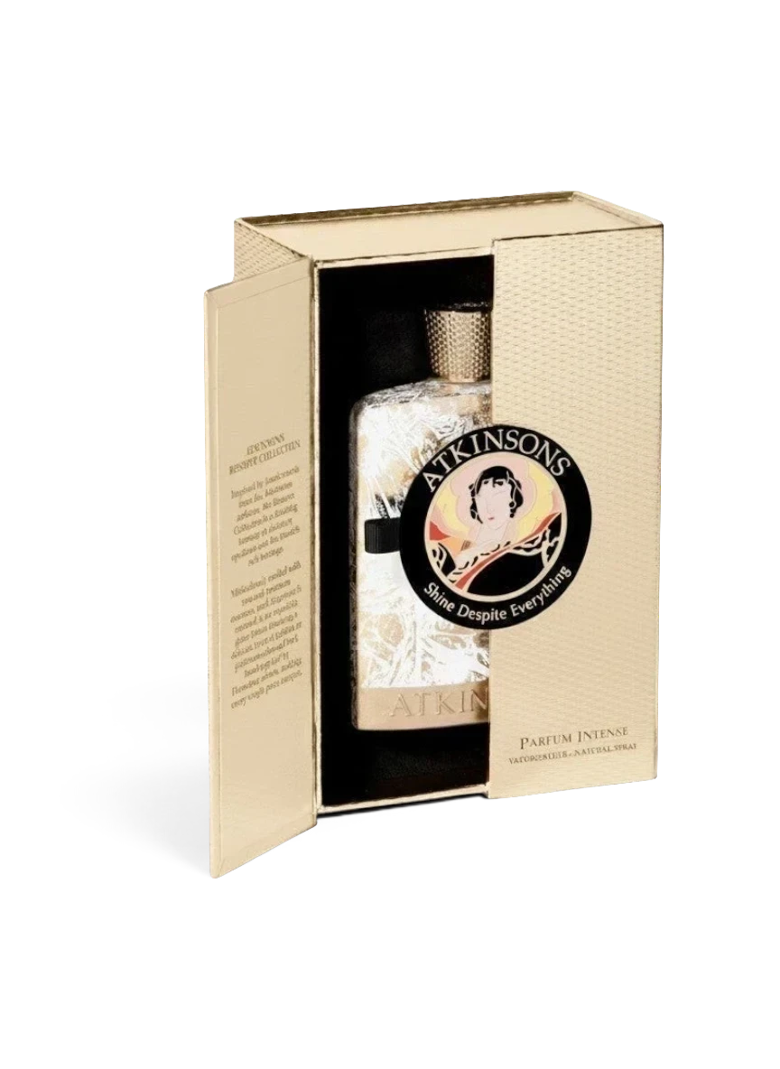 euaden Atkinsons Shine Despite Everything unisex parfüm, şık altın rengi kutusunda 100 ml lüks niş parfüm şişesi.