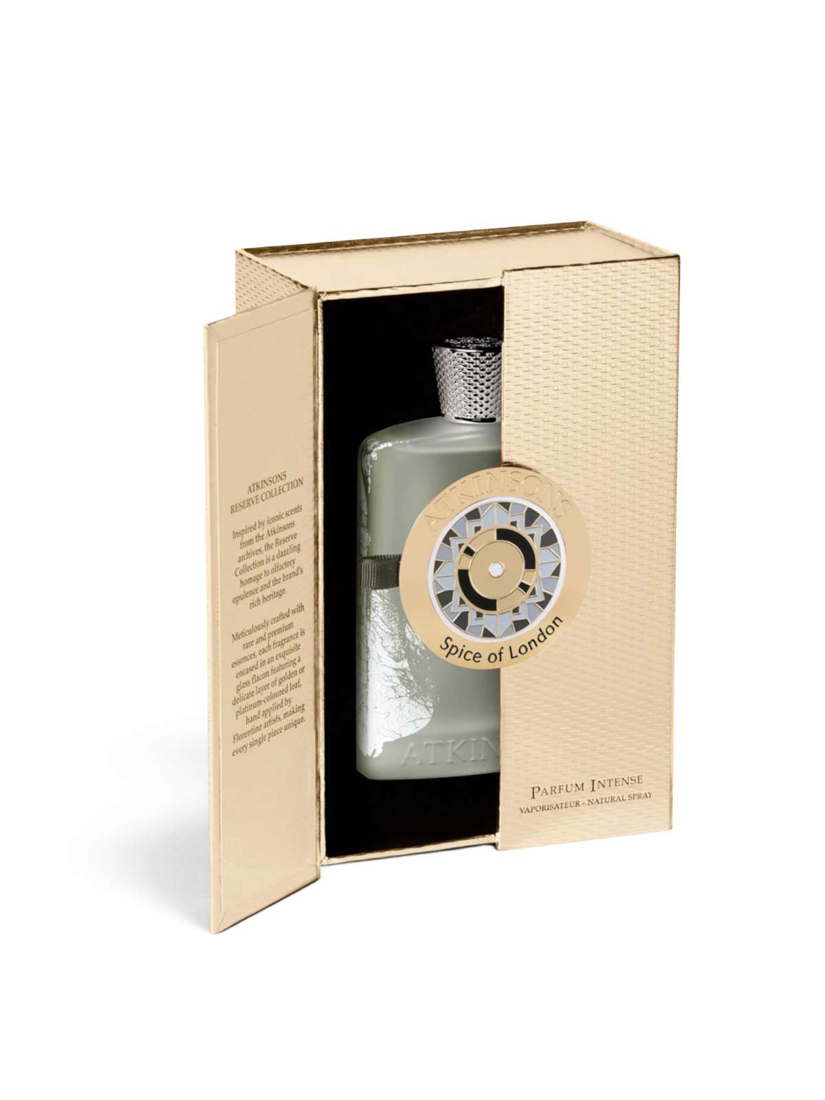euaden Atkinsons Spice of London Parfum Intense, altın detaylı lüks kutusunda sunulan zarif cam şişeli unisex parfüm