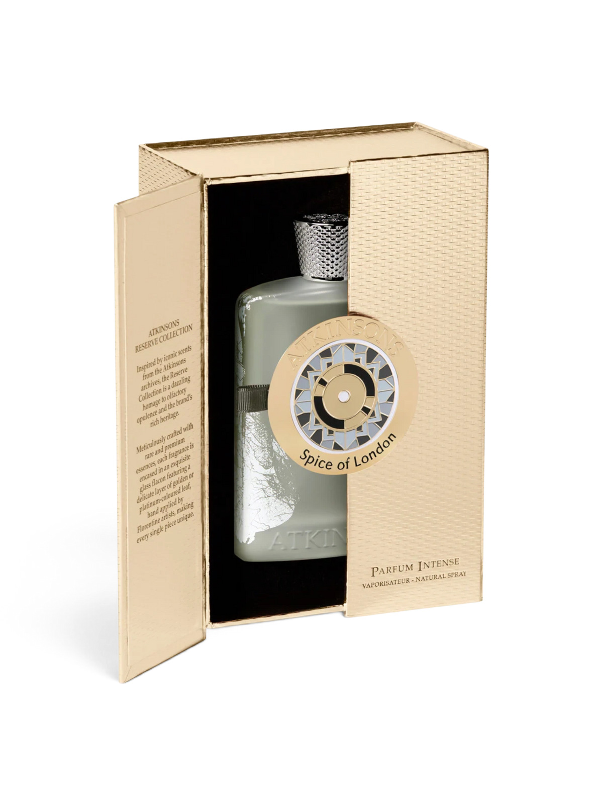 euaden Atkinsons Spice of London Parfum Intense, altın detaylı lüks kutusunda sunulan zarif cam şişeli unisex parfüm