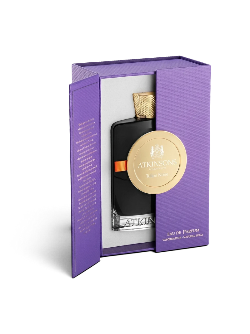 euaden Atkinsons Prive Tulipe Noir unisex parfüm, mor kutusunda altın detaylı siyah şişesiyle şık bir sunumda.