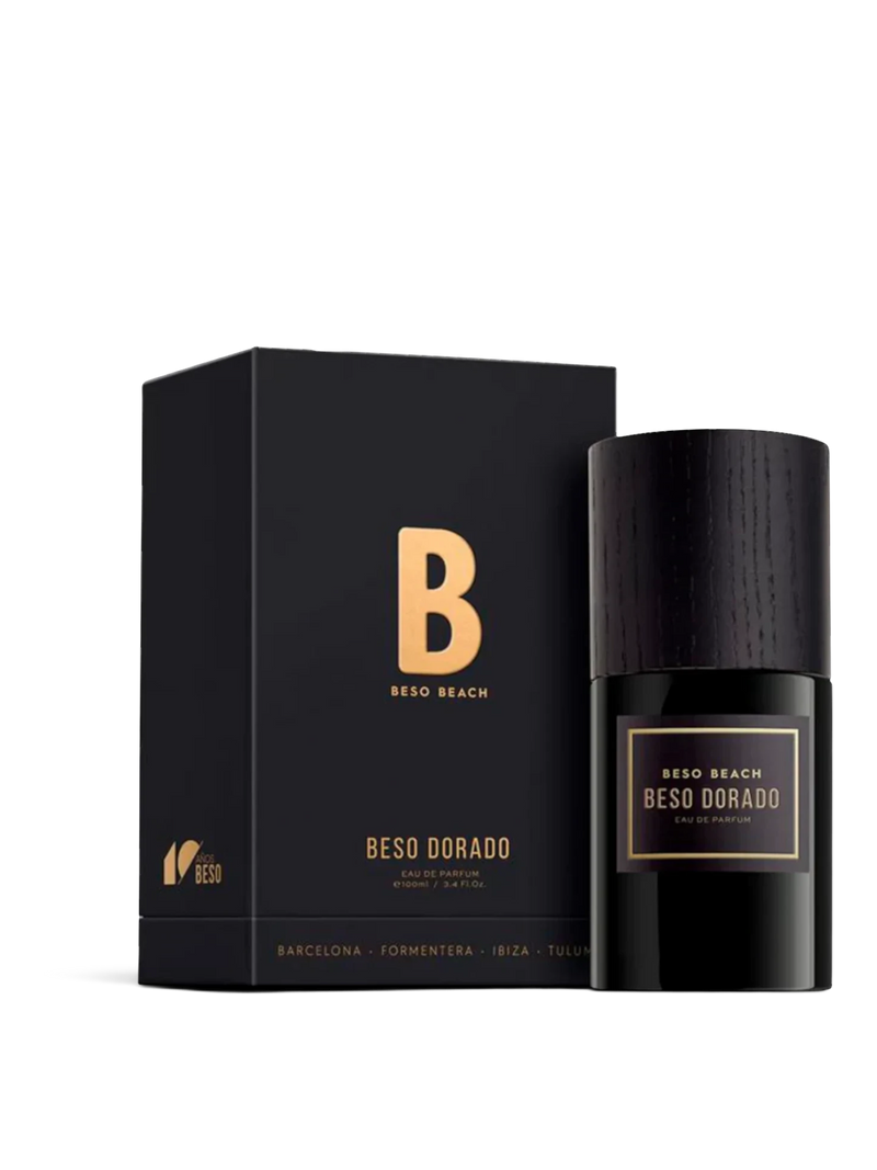 euaden Beso Beach Beso Dorado unisex parfüm, siyah şık kutusu ve ahşap kapaklı 100 ml cam şişesiyle sunuluyor.