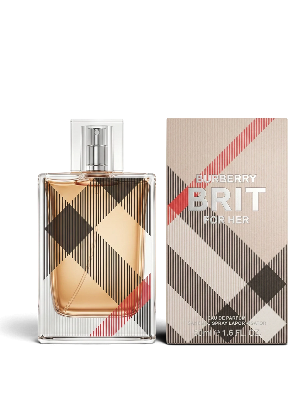 euaden Burberry Brit Woman EDP 100 ml parfüm şişesi ve ikonik ekose desenli kutusu