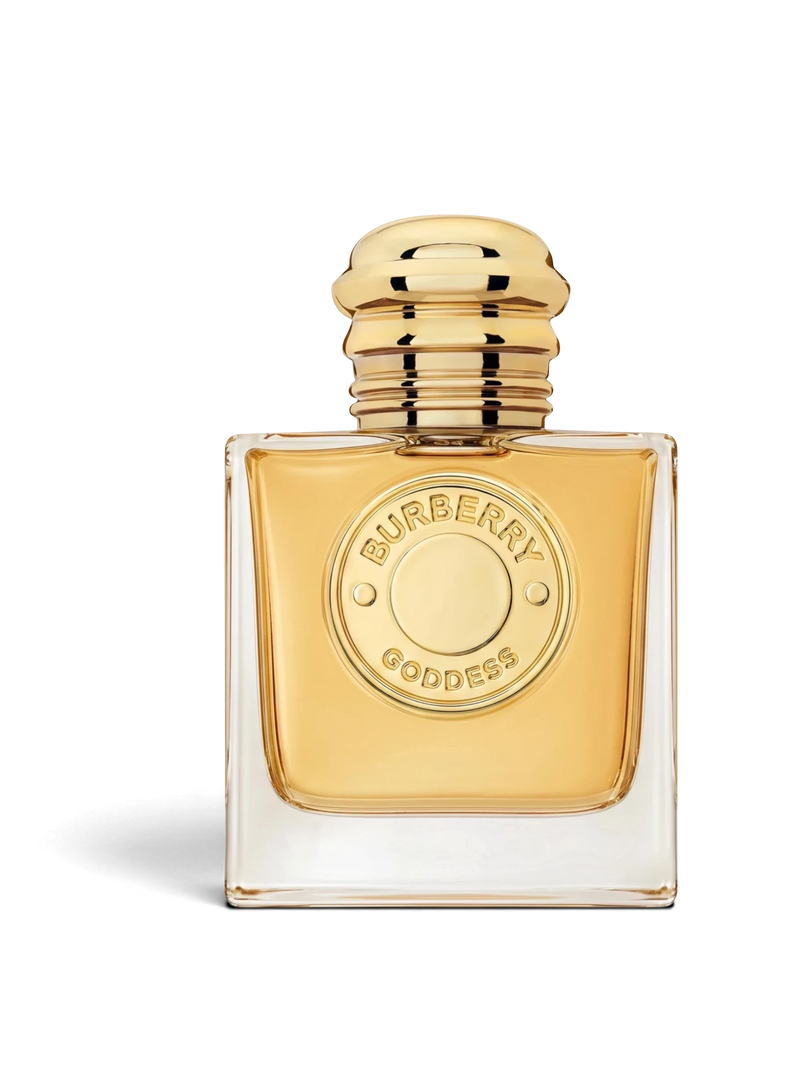 euaden Burberry Goddess Intense kadın parfümü, altın renkli cam şişesi ve üzerinde marka logosu bulunan şık tasarımı