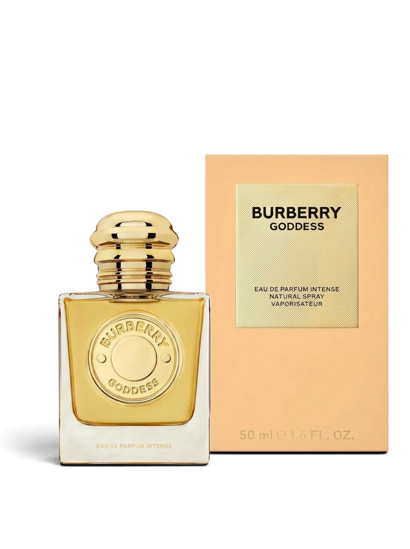 euaden Burberry Goddess Intense kadın parfümü, altın kapaklı şık cam şişesi ve bej renkli kutusu ile birlikte