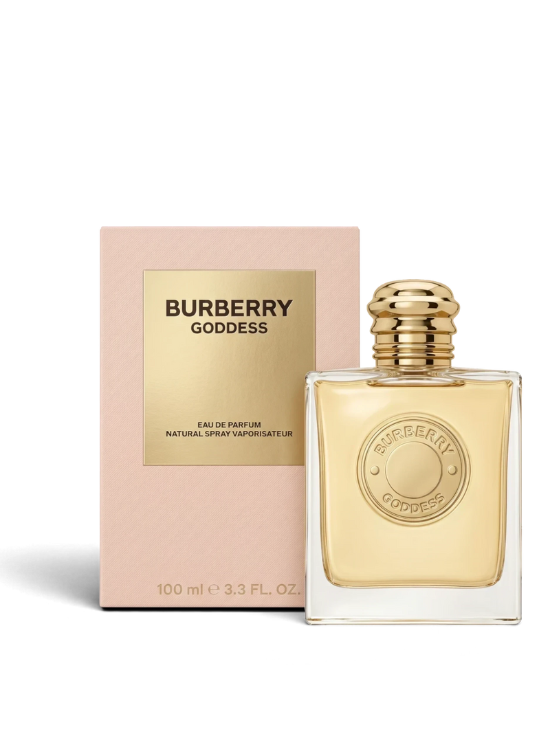 euaden Burberry Goddess kadın parfümü, altın sarısı cam şişesi ve şık pembe kutusuyla zarif bir sunumda